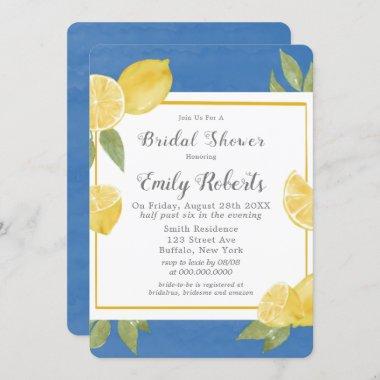 Yellow Lemons and Blue Watercolor Bridal Shower Invitations