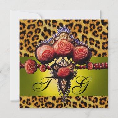YELLOW RED CORAL ROSES,LEOPARD SKIN MONOGRAM Invitations