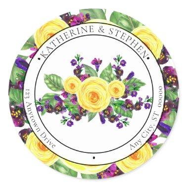 Yellow Roses | Violets Boho Floral Return Address Classic Round Sticker