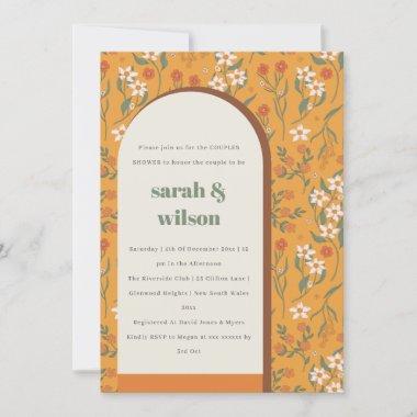 Yellow Rust Groovy Retro Arch Flora Couples Shower Invitations