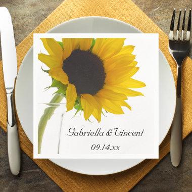 Yellow Sunflower on White Wedding Paper Napkins