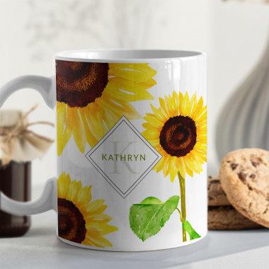 Yellow Sunflowers Illustrated Monogram Coffee Mug