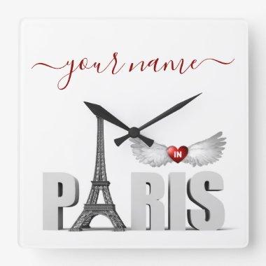 Your Name in Paris Eiffel Tower Heart Angel Wings Square Wall Clock