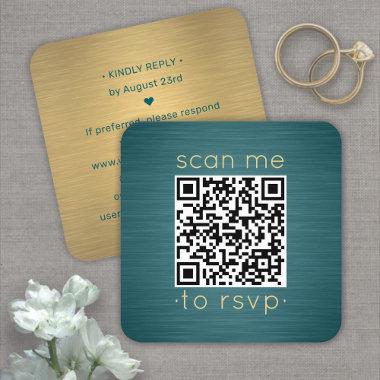 100 Pack QR RSVP Teal and Gold Wedding Enclosure Square Business Invitations