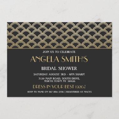 1920's Art Deco Bridal Shower Gatsby Gold Party Invitations
