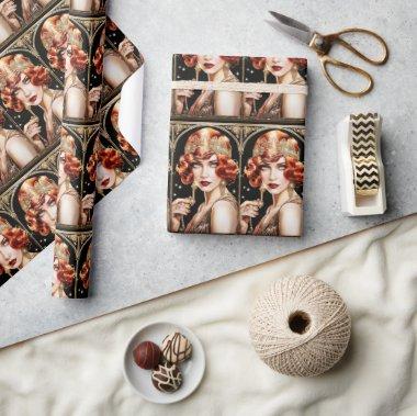 1920's flapper girl great gatsby black gold red wrapping paper