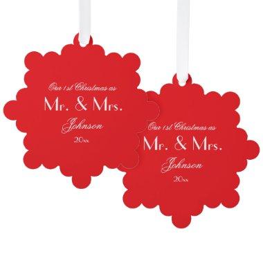 1st Christmas As Mr. & Mrs. Script Rustic Chic Red Ornament