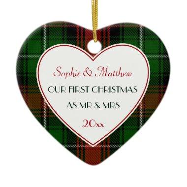 1st Christmas Married Gifts-Red Green Plaid Ceramic Ornament