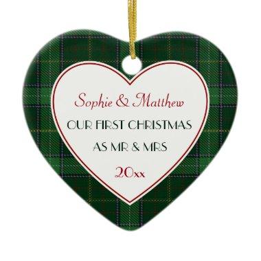 1st Christmas Married Green Plaid Gift Heart Ceramic Ornament