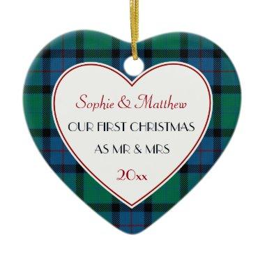 1st Christmas Married Plaid Gift Heart Ceramic Ornament