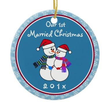 1st Married Christmas Fun Snow Couple Christmas Ceramic Ornament