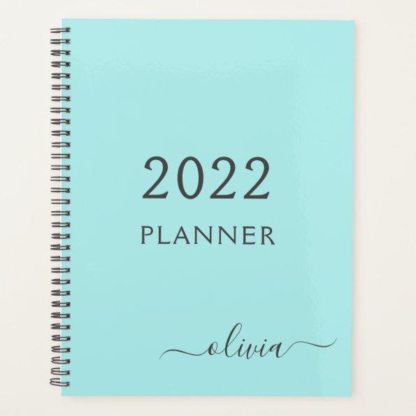 2022 Aqua Blue Teal Girly Script Monogram Name Planner