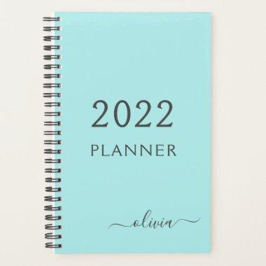 2022 Aqua Blue Teal Girly Script Monogram Name Planner