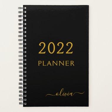 2022 Black Gold Girly Script Monogram Name Modern Planner