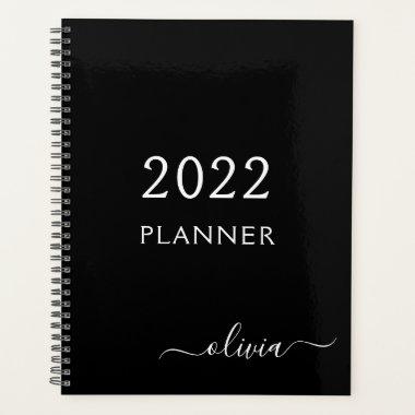 2022 Black White Girly Script Monogram Name Modern Planner