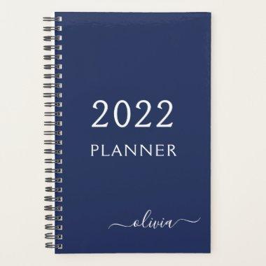 2022 Navy Blue White Girly Script Monogram Name Planner