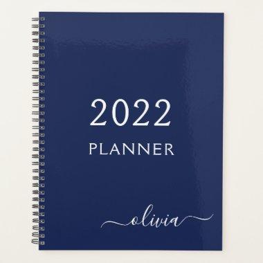 2022 Navy Blue White Girly Script Monogram Name Planner