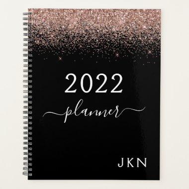 2022 Rose Gold Blush Pink Black Glitter Monogram Planner