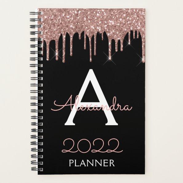 2022 Rose Gold - Blush Pink Black Glitter Monogram Planner