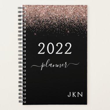 2022 Rose Gold Blush Pink Black Glitter Monogram Planner