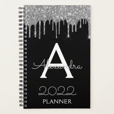 2022 Silver Black Glitter Monogram Modern Planner