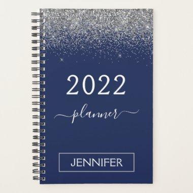 2022 Silver Navy Blue Glitter Monogram Girly Planner