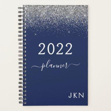 2022 Silver Navy Blue Glitter Monogram Glam Planner