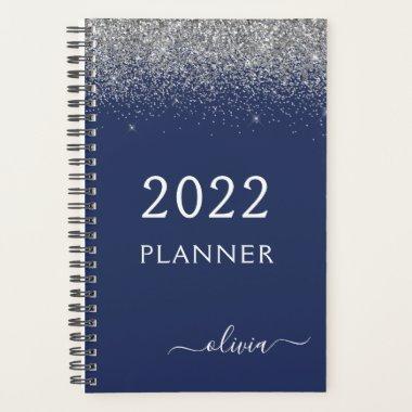 2022 Silver Navy Blue Glitter Sparkle Monogram Planner