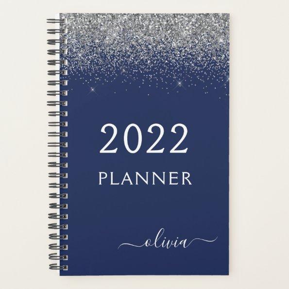 2022 Silver Navy Blue Glitter Sparkle Monogram Planner