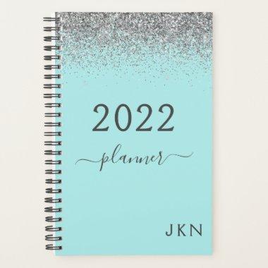 2022 Silver Teal Aqua Blue Girly Glitter Monogram Planner