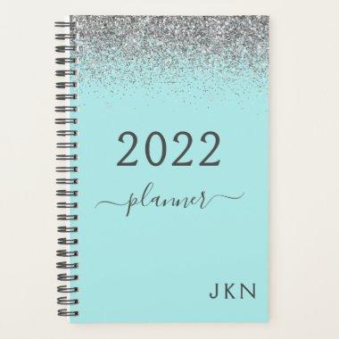 2022 Silver Teal Aqua Blue Girly Glitter Monogram Planner