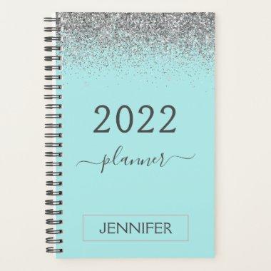 2022 Silver Teal Aqua Blue Glitter Monogram Girly Planner