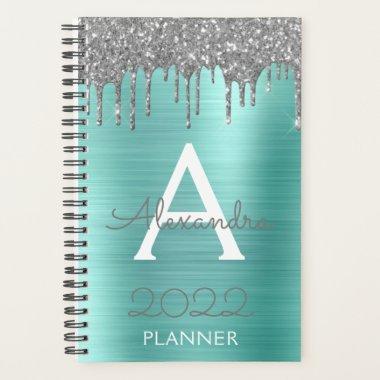 2022 Silver Teal Aqua Blue Glitter Monogram Planner