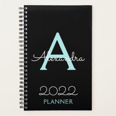 2022 Teal Aqua Blue Black Monogram Elegant Planner