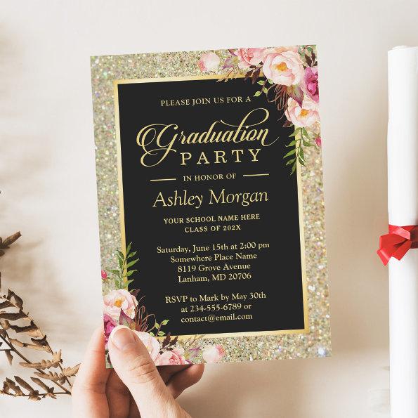 2024 Gold Glitters Floral Photo Graduation Party Invitations