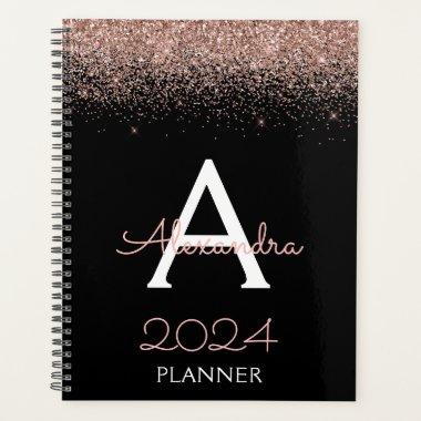2024 Rose Gold - Blush Pink Black Glitter Monogram Planner