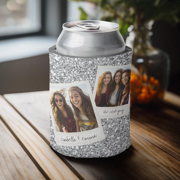 2 Photos - Silver Glitter Square Photo Collage Can Cooler