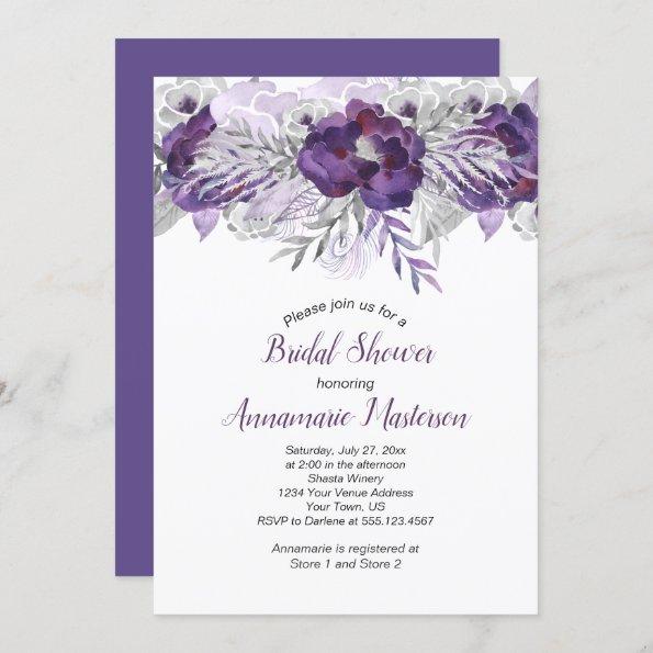 #2 Ultra Violet Lavender Gray Floral Bridal Shower Invitations
