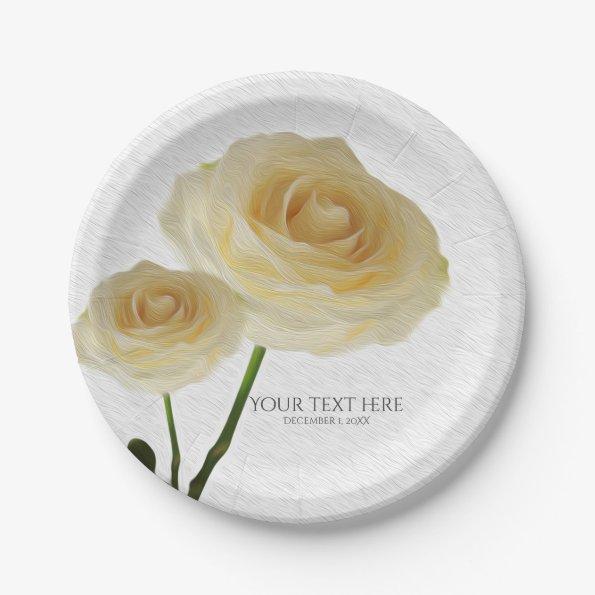 2 White Painted Roses Elegant  Paper Plates