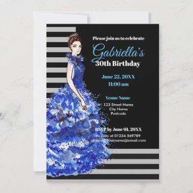 30th Birthday Invitations Sparkly Blue Dress