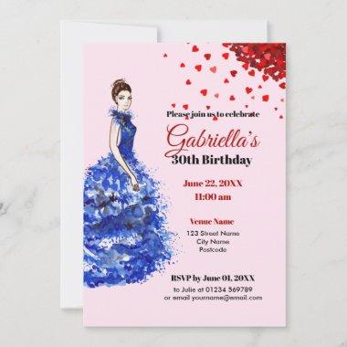 30th Birthday Invitations Sparkly Blue Dress Hearts
