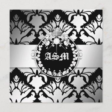 311-Damask Shimmer Queen Sweet Sixteen Black White Invitations