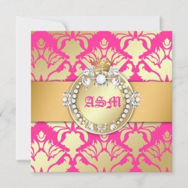 311-Damask Shimmer Queen Sweet Sixteen Golden Pink Invitations