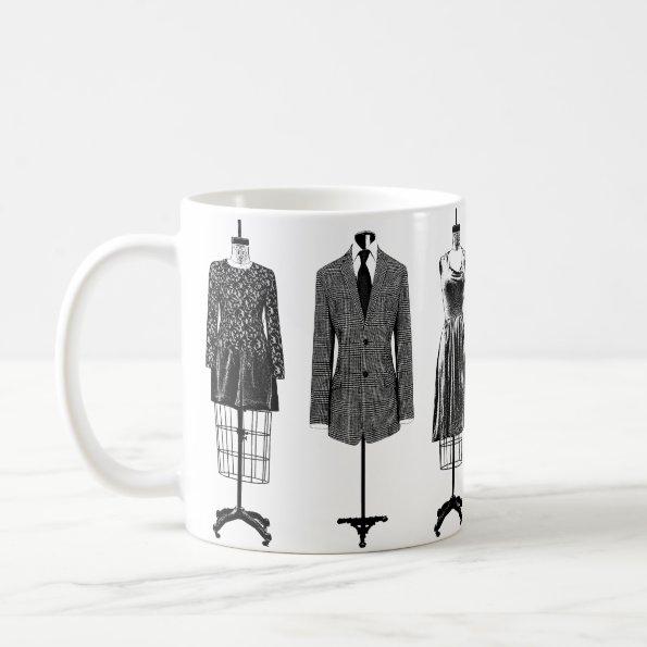 3 mannequins dresses tweed jacket fashion art coffee mug