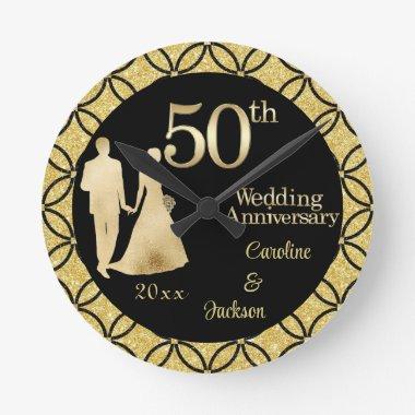 50th Gold Couple Wedding Anniversary Glitter Round Clock