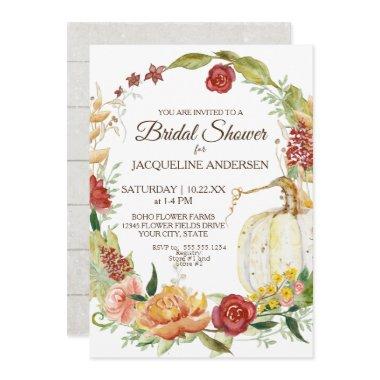 Bridal Shower Fall Floral Wreath White Pumpkin Invitations