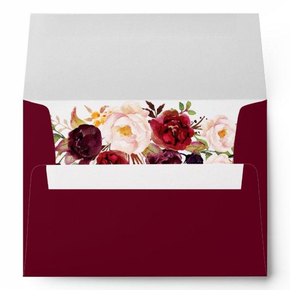 - Burgundy Marsala Red Floral & Return Address Envelope
