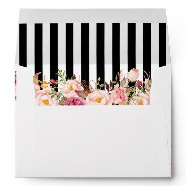 Vintage Floral Black White Stripes Wedding Envelope