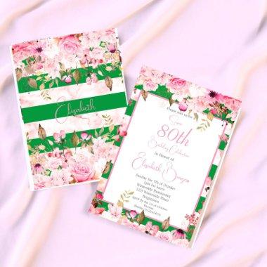 80th Birthday Floral Rose Green Pink Stripe