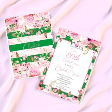 80th Birthday Floral Rose Green Pink Stripe Invitations